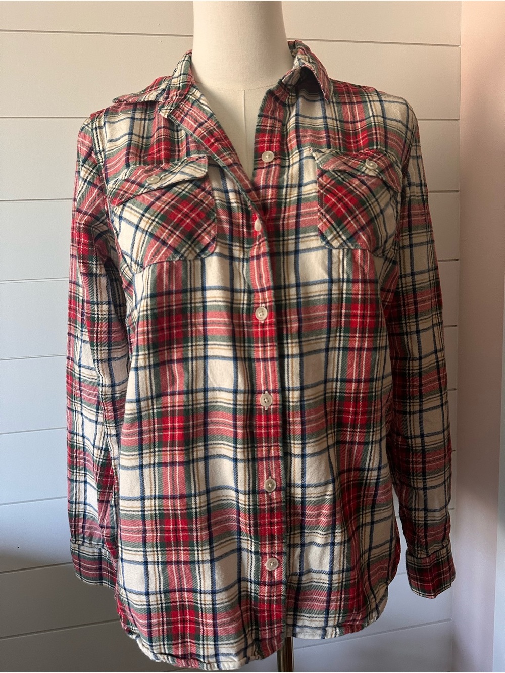 Eddie Bauer Red, Green and Cream Plaid Button-Down Shirt